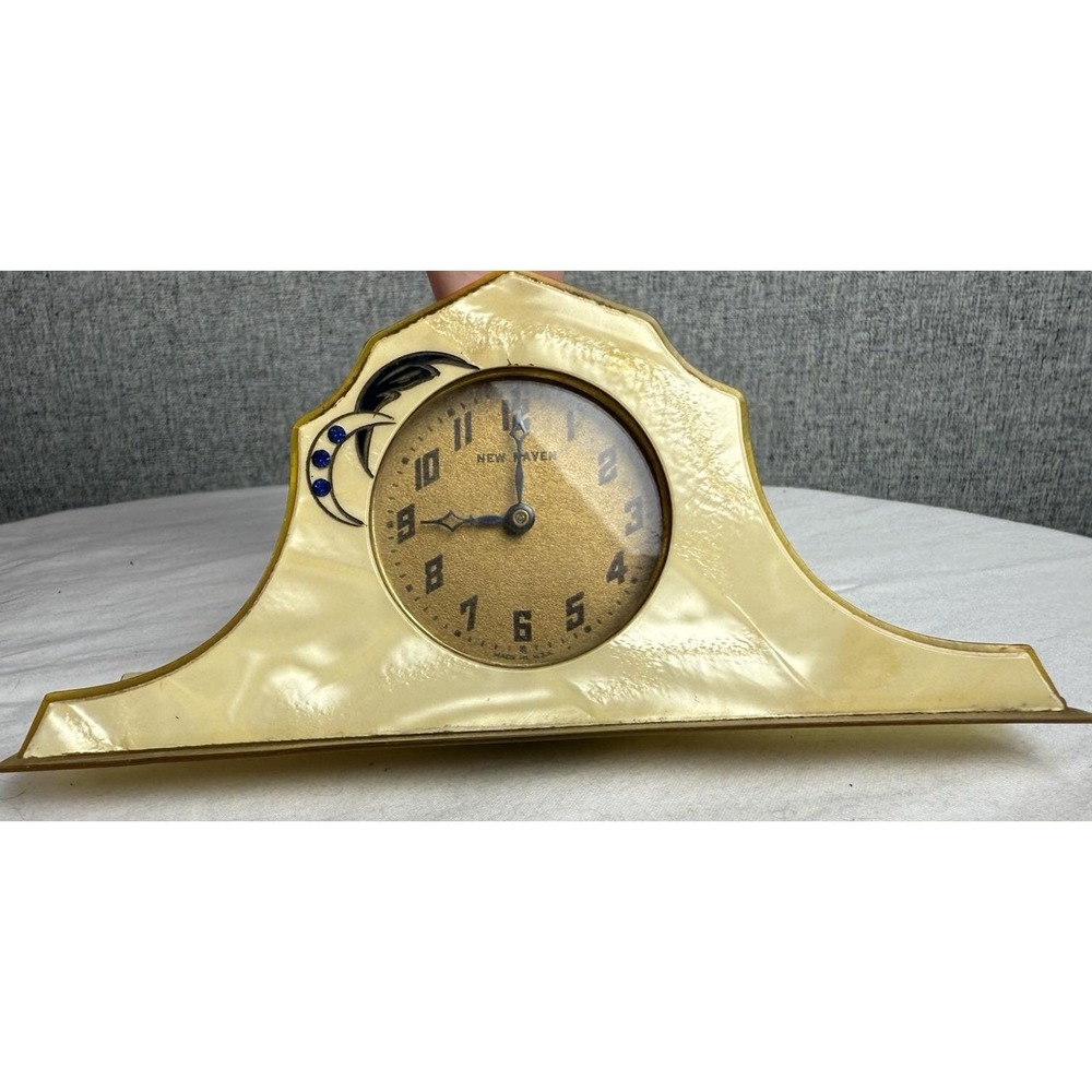 Antique New Haven Celluloid Art Deco Wind Up Desk Clock Crescent‎ Moon Jewels